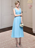 Carlee A-Line V-neck Tea-Length Chiffon Bridesmaid Dress With Ruffle STKP0012871