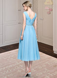 Carlee A-Line V-neck Tea-Length Chiffon Bridesmaid Dress With Ruffle STKP0012871