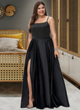 Tracy A-Line Square Neckline Floor-Length Satin Bridesmaid Dress With Split Front Pockets STKP0012879