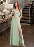 Aisha A-Line V-neck Floor-Length Bridesmaid Dress With Split Front STKP0012883