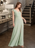 Aisha A-Line V-neck Floor-Length Bridesmaid Dress With Split Front STKP0012883