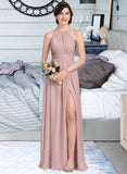 Karma A-Line Scoop Neck Floor-Length Chiffon Bridesmaid Dress With Ruffle Bow(s) Split Front STKP0012886