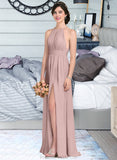 Karma A-Line Scoop Neck Floor-Length Chiffon Bridesmaid Dress With Ruffle Bow(s) Split Front STKP0012886