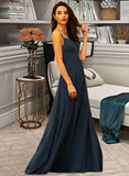 Rory A-Line V-neck Floor-Length Chiffon Bridesmaid Dress With Ruffle STKP0012891