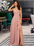 Evelyn A-LineV-neckFloor-LengthChiffonBridesmaidDressWithRuffleSplitFront#251384 STKP0012892