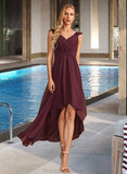 Kimberly A-Line V-neck Asymmetrical Bridesmaid Dress With Ruffle STKP0012893