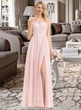 Haleigh A-Line Scoop Neck Floor-Length Chiffon Lace Bridesmaid Dress With Split Front STKP0012896