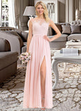 Haleigh A-Line Scoop Neck Floor-Length Chiffon Lace Bridesmaid Dress With Split Front STKP0012896