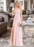 Haleigh A-Line Scoop Neck Floor-Length Chiffon Lace Bridesmaid Dress With Split Front STKP0012896