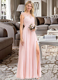 Haleigh A-Line Scoop Neck Floor-Length Chiffon Lace Bridesmaid Dress With Split Front STKP0012896