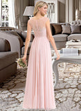 Haleigh A-Line Scoop Neck Floor-Length Chiffon Lace Bridesmaid Dress With Split Front STKP0012896