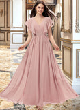 Miley A-Line V-neck Floor-Length Chiffon Bridesmaid Dress With Split Front STKP0012903