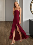 Jaylen Trumpet/Mermaid Square Neckline Floor-Length Bridesmaid Dress With Ruffle Split Front STKP0012906