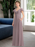 Paola A-Line V-neck Floor-Length Chiffon Bridesmaid Dress With Cascading Ruffles Pockets STKP0012910