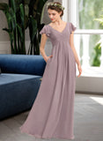 Paola A-Line V-neck Floor-Length Chiffon Bridesmaid Dress With Cascading Ruffles Pockets STKP0012910