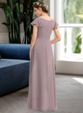 Paola A-Line V-neck Floor-Length Chiffon Bridesmaid Dress With Cascading Ruffles Pockets STKP0012910