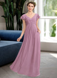 Paola A-Line V-neck Floor-Length Chiffon Bridesmaid Dress With Cascading Ruffles Pockets STKP0012910