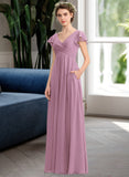 Paola A-Line V-neck Floor-Length Chiffon Bridesmaid Dress With Cascading Ruffles Pockets STKP0012910