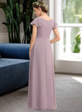 Paola A-Line V-neck Floor-Length Chiffon Bridesmaid Dress With Cascading Ruffles Pockets STKP0012910