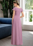 Paola A-Line V-neck Floor-Length Chiffon Bridesmaid Dress With Cascading Ruffles Pockets STKP0012910