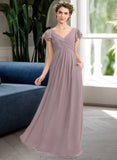 Paola A-Line V-neck Floor-Length Chiffon Bridesmaid Dress With Cascading Ruffles Pockets STKP0012910