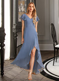 Olga A-Line V-neck Asymmetrical Bridesmaid Dress With Ruffle Split Front STKP0012912