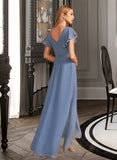 Olga A-Line V-neck Asymmetrical Bridesmaid Dress With Ruffle Split Front STKP0012912