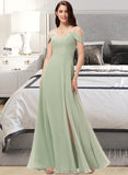 Eliana A-Line V-neck Floor-Length Chiffon Bridesmaid Dress With Split Front STKP0012915