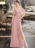 Gertrude A-Line V-neck Floor-Length Bridesmaid Dress With Ruffle Split Front STKP0012923