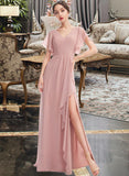 Gertrude A-Line V-neck Floor-Length Bridesmaid Dress With Ruffle Split Front STKP0012923