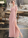 Gertrude A-Line V-neck Floor-Length Bridesmaid Dress With Ruffle Split Front STKP0012923