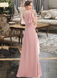 Gertrude A-Line V-neck Floor-Length Bridesmaid Dress With Ruffle Split Front STKP0012923