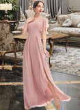 Gertrude A-Line V-neck Floor-Length Bridesmaid Dress With Ruffle Split Front STKP0012923