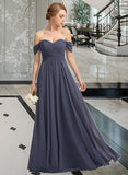 Shyla A-line Off the Shoulder Floor-Length Chiffon Bridesmaid Dress With Ruffle STKP0012924