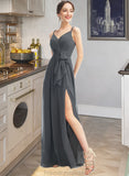 Emilia A-Line V-neck Floor-Length Bridesmaid Dress With Ruffle Beading Split Front STKP0012926