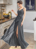 Emilia A-Line V-neck Floor-Length Bridesmaid Dress With Ruffle Beading Split Front STKP0012926