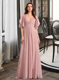 Priscilla A-Line V-neck Floor-Length Bridesmaid Dress STKP0012927