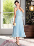 Gracie A-line V-Neck Tea-Length Chiffon Bridesmaid Dress With Pleated STKP0012930