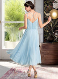 Gracie A-line V-Neck Tea-Length Chiffon Bridesmaid Dress With Pleated STKP0012930