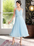 Gracie A-line V-Neck Tea-Length Chiffon Bridesmaid Dress With Pleated STKP0012930