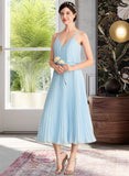 Gracie A-line V-Neck Tea-Length Chiffon Bridesmaid Dress With Pleated STKP0012930