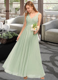 Reyna A-Line V-neck Floor-Length Chiffon Bridesmaid Dress With Ruffle Split Front STKP0012933