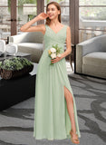 Reyna A-Line V-neck Floor-Length Chiffon Bridesmaid Dress With Ruffle Split Front STKP0012933