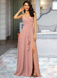 Audrey A-Line V-neck Floor-Length Chiffon Bridesmaid Dress With Ruffle Split Front STKP0012936