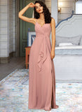 Audrey A-Line V-neck Floor-Length Chiffon Bridesmaid Dress With Ruffle Split Front STKP0012936