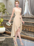 Araceli A-Line One-Shoulder Asymmetrical Chiffon Bridesmaid Dress With Ruffle Bow(s) Cascading Ruffles STKP0012937