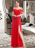 Harley A-Line Off-the-Shoulder Floor-Length Bridesmaid Dress With Ruffle Split Front STKP0012938