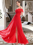 Harley A-Line Off-the-Shoulder Floor-Length Bridesmaid Dress With Ruffle Split Front STKP0012938