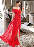 Harley A-Line Off-the-Shoulder Floor-Length Bridesmaid Dress With Ruffle Split Front STKP0012938