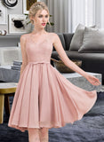 Jeanie A-Line V-neck Knee-Length Chiffon Lace Bridesmaid Dress With Bow(s) STKP0012939